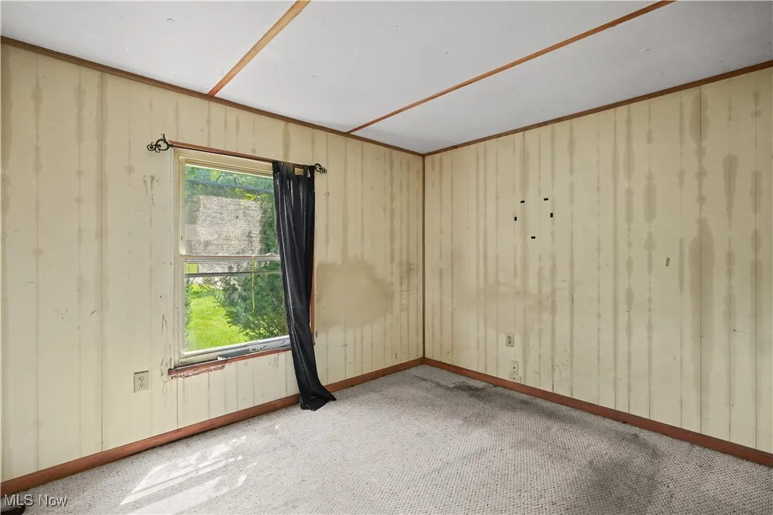 Empty room with carpet flooring and wood walls