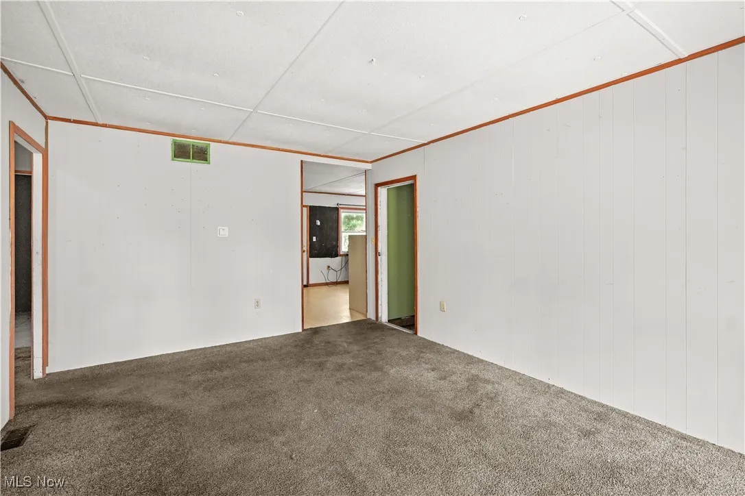 Carpeted spare room featuring wooden walls and crown molding