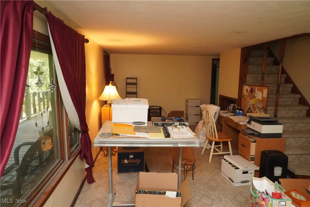 Office area featuring light colored carpet