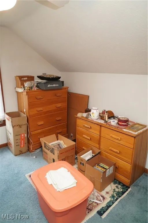 Bedroom with carpet and vaulted ceiling