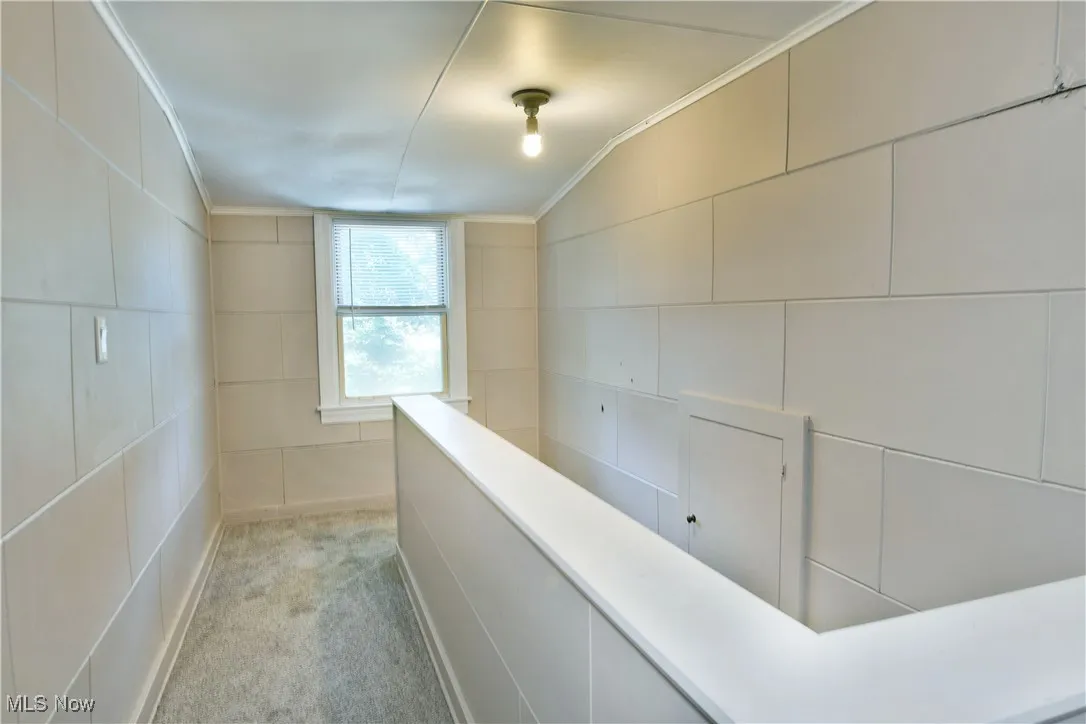 Hall with crown molding and light colored carpet
