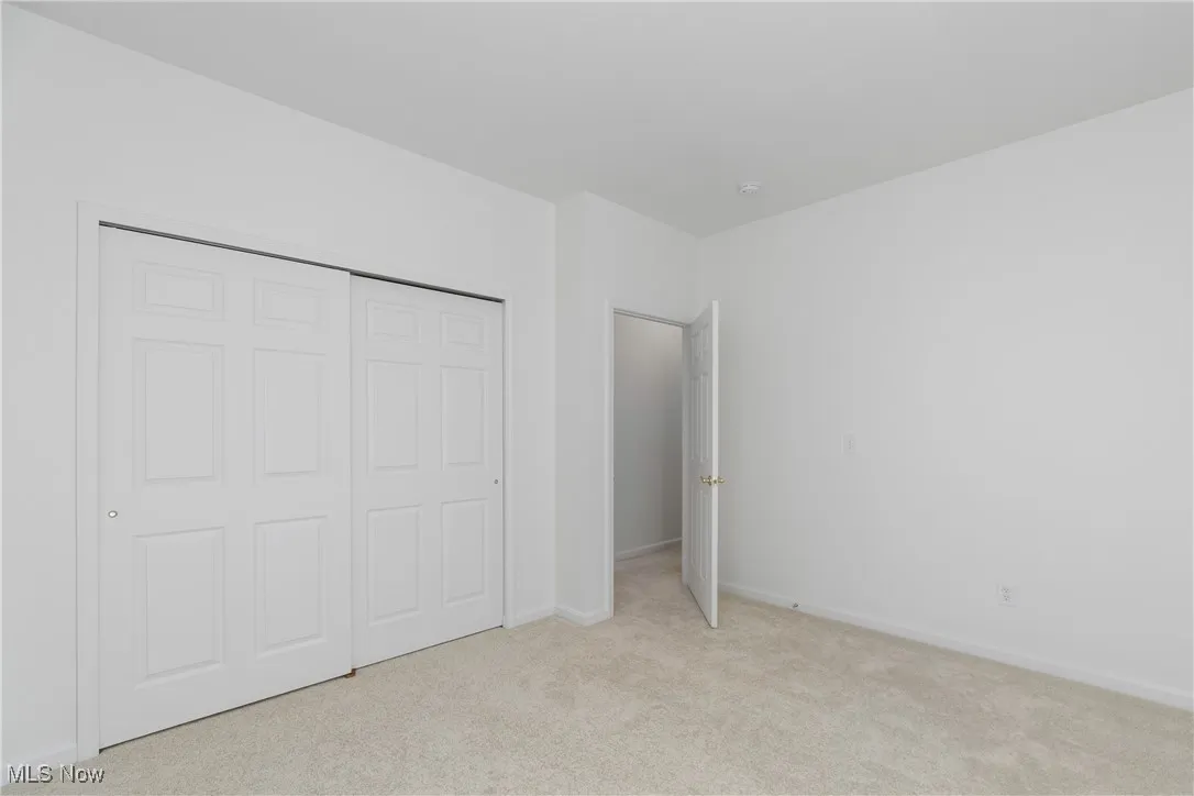 Unfurnished bedroom featuring light carpet and a closet