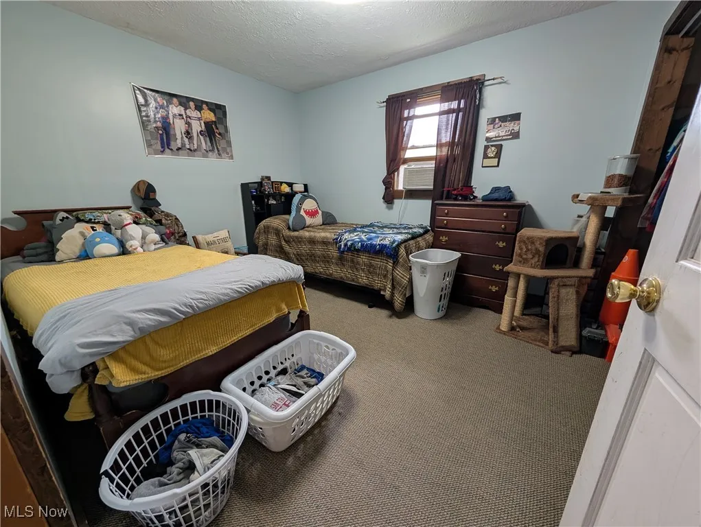 Bedroom with carpet flooring and a textured ceiling