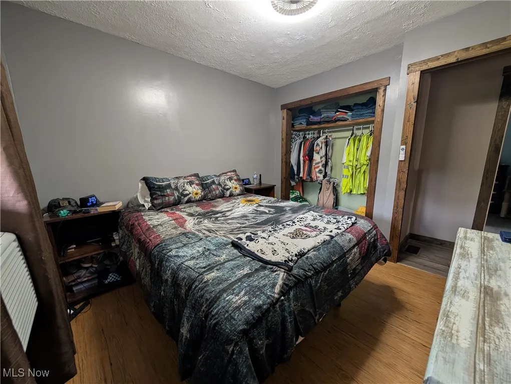 Bedroom with wood finished floors, a textured ceiling, a closet, and radiator