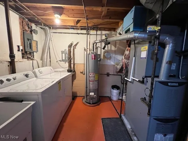 Laundry room with washer and dryer, utility sink, furnace, water heater, and electric panel