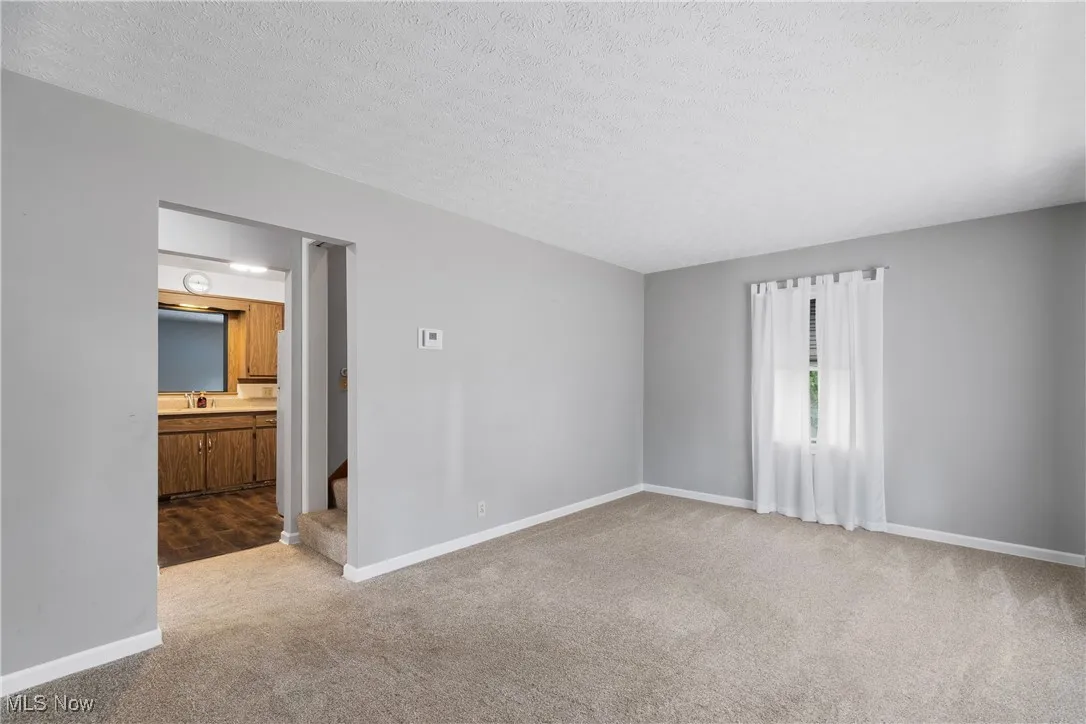 Living
 room with light colored carpet and a textured ceiling