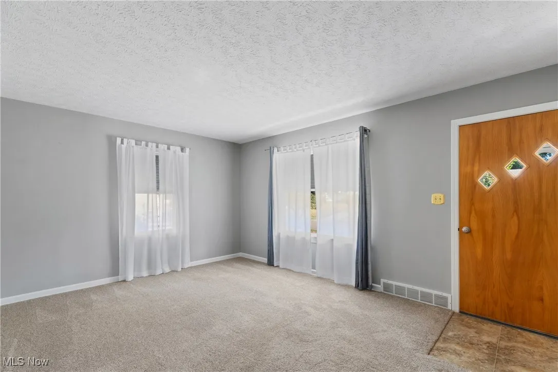 Entrance foyer with a textured ceiling and light colored carpet