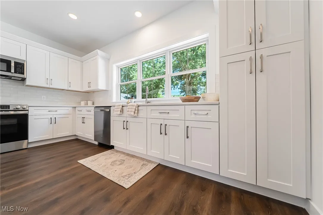 Kitchen featuring white cabinets, stainless steel appliances, tasteful backsplash, dark wood-style floors, and recessed lighting