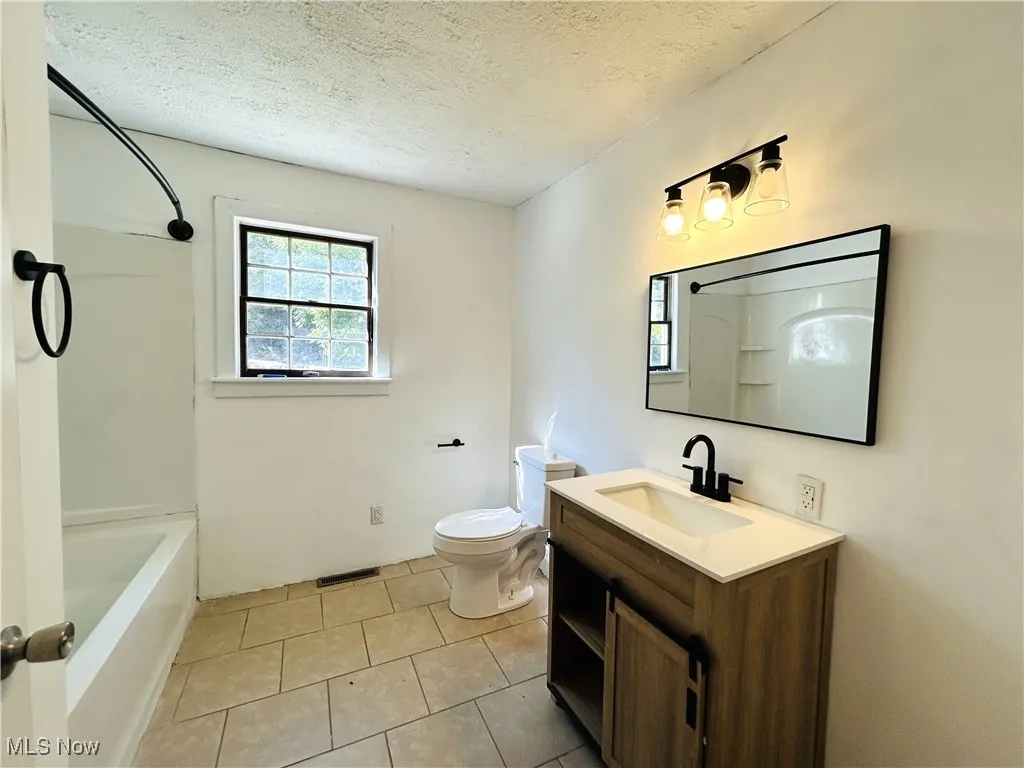 Bathroom with vanity, toilet, and shower combination