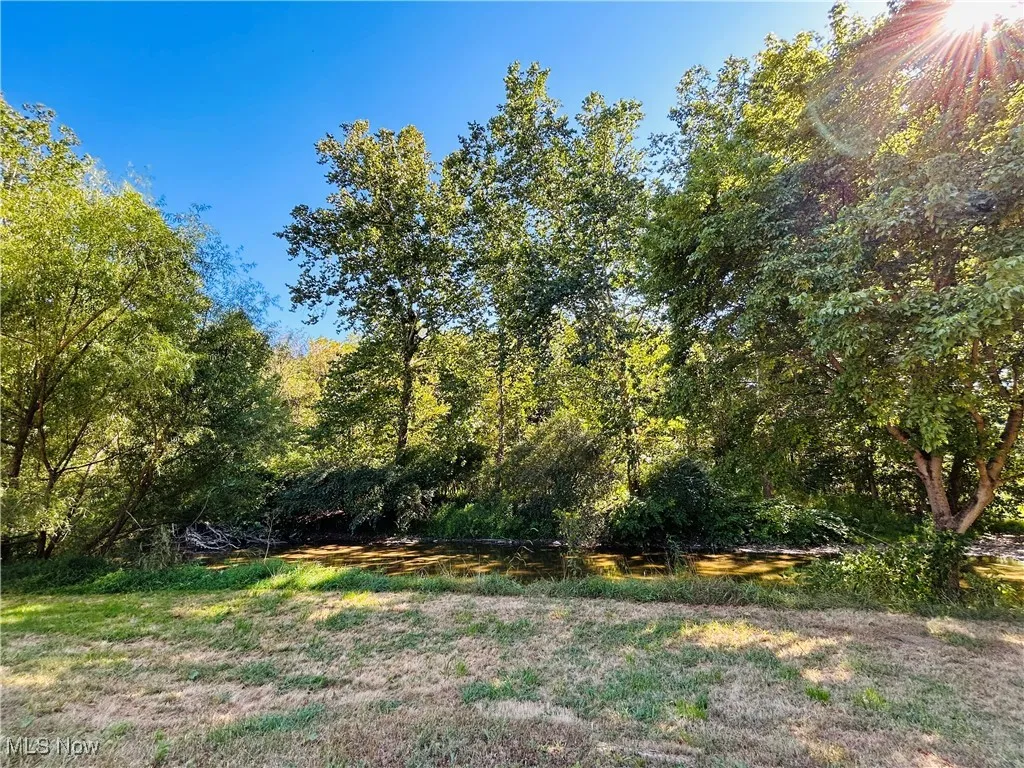 Back view of yard featuring a water view