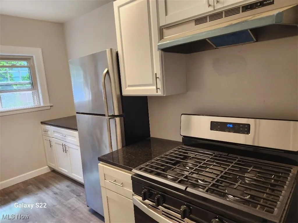 Kitchen featuring under cabinet range hood, stainless steel appliances, white cabinetry, wood finished floors, and dark stone countertops