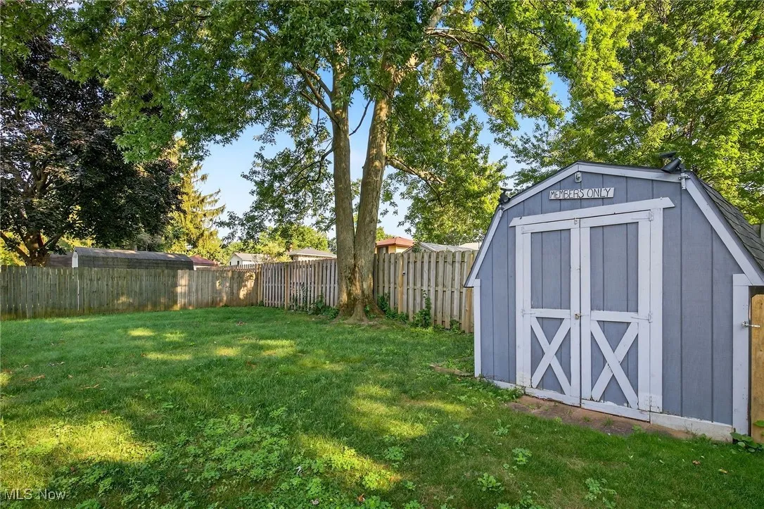 View of shed with a fenced backyard