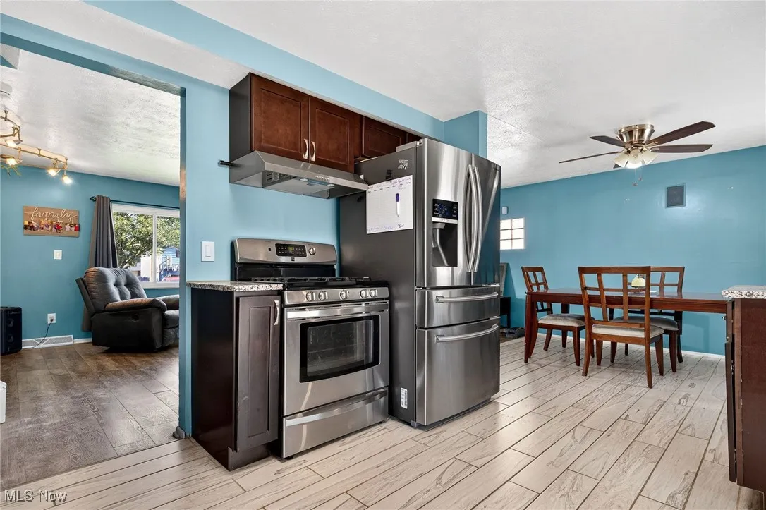 Kitchen featuring stainless steel gas range, light wood finished floors, under cabinet range hood, a ceiling fan, and dark brown cabinets