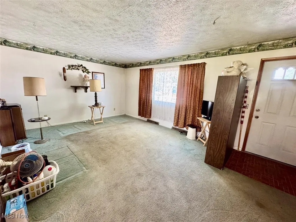 Unfurnished living room featuring carpet and a textured ceiling