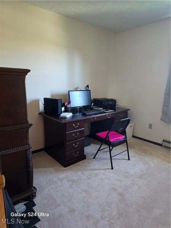 Office area featuring light carpet and a textured ceiling