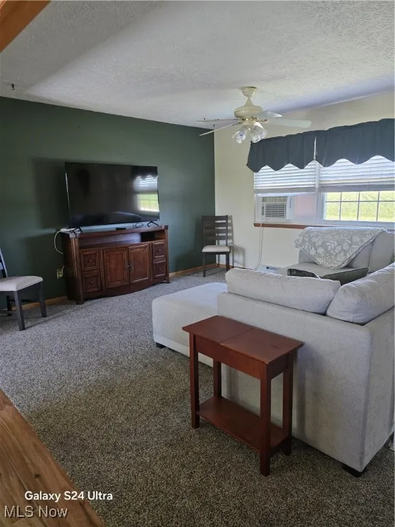 Living room featuring a textured ceiling, carpet, and a ceiling fan