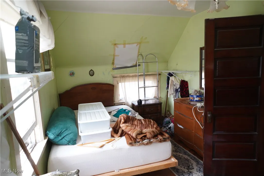 Bedroom featuring lofted ceiling