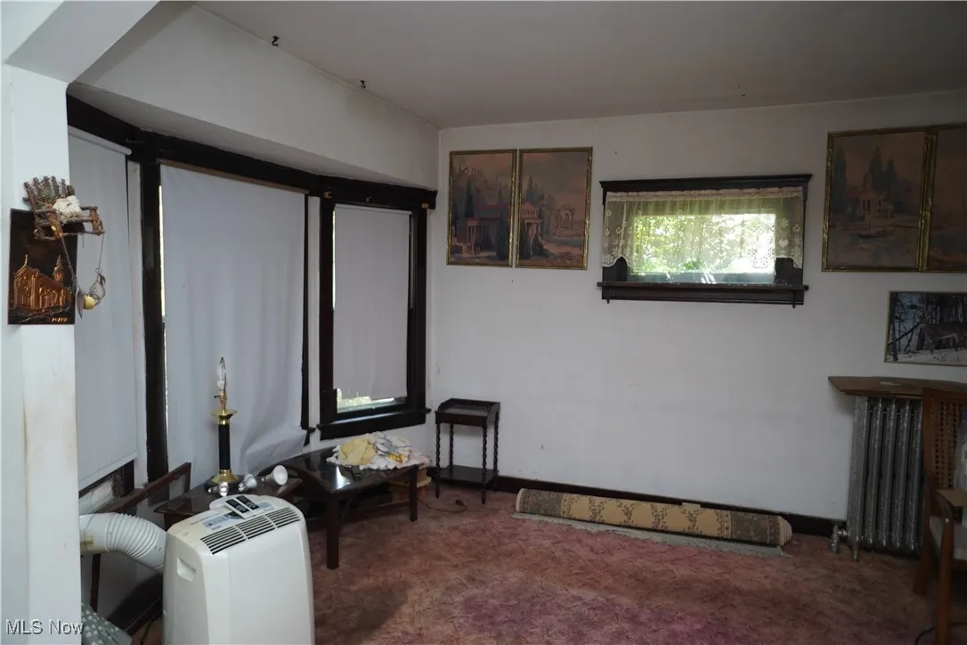 Living area featuring radiator heating unit and carpet