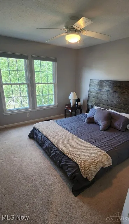Bedroom featuring carpet flooring, a ceiling fan, and a textured ceiling