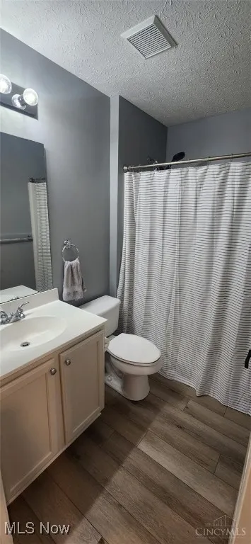 Bathroom featuring a textured ceiling, dark wood-style floors, vanity, and a shower with curtain