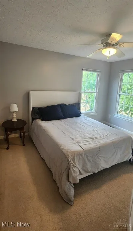 Carpeted bedroom with a textured ceiling and a ceiling fan