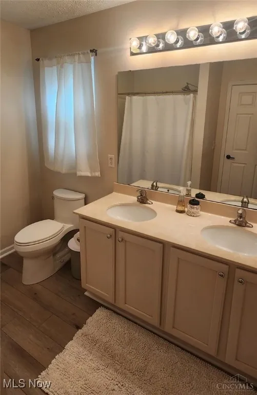Bathroom featuring a textured ceiling, double vanity, dark wood-type flooring, and a shower with curtain
