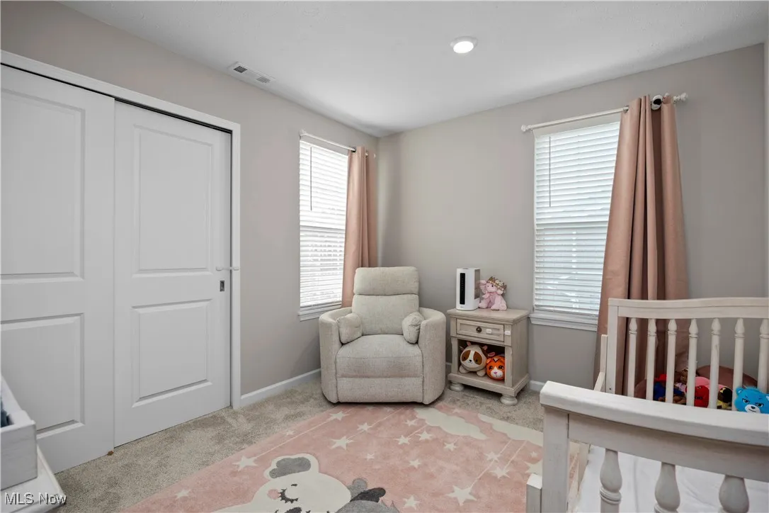 Carpeted bedroom with a nursery area, multiple windows, and a closet
