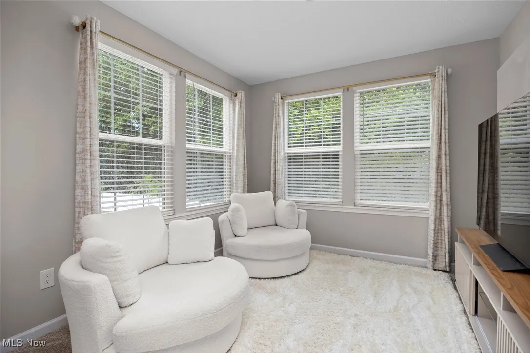 Sitting room with baseboards and light carpet