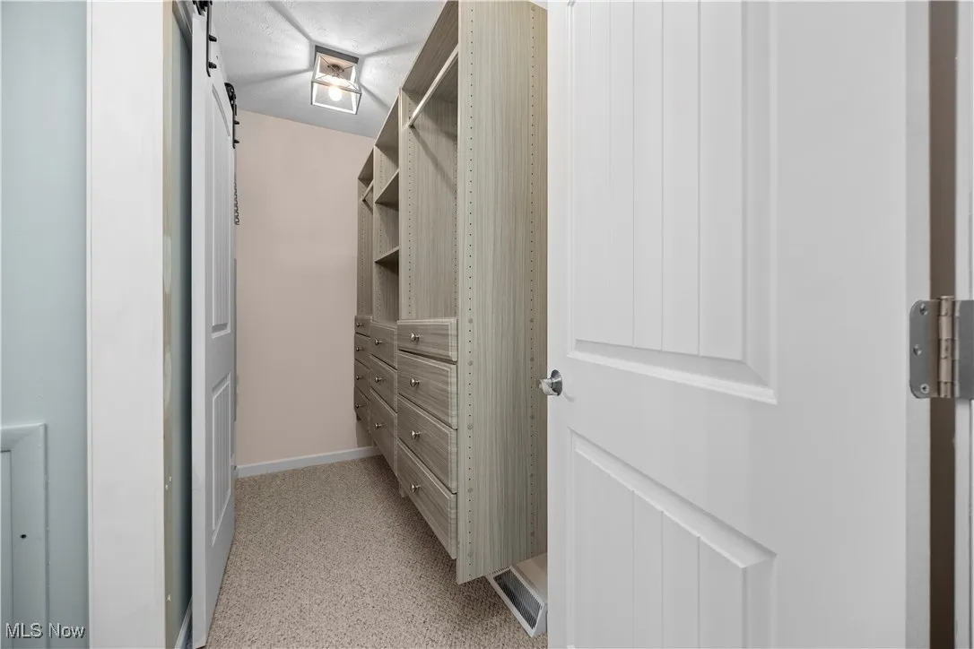 Walk in closet with a barn door