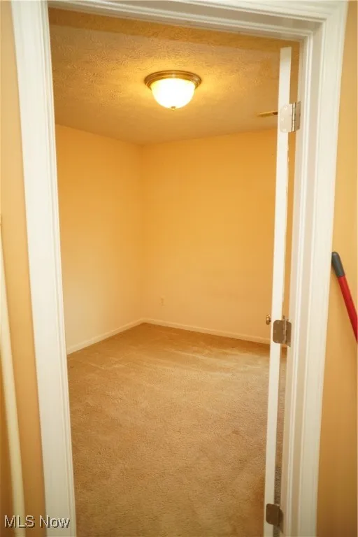 Unfurnished room with a textured ceiling and light colored carpet