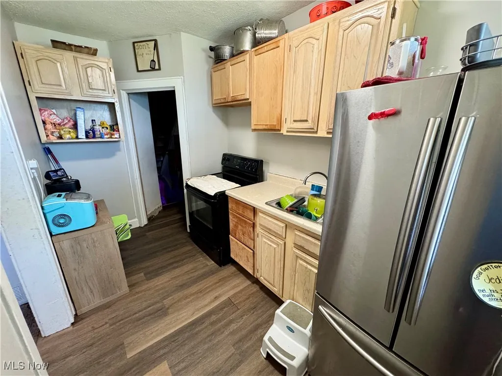 Kitchen with freestanding refrigerator, light brown cabinetry, dark wood-style floors, electric range, and light countertops