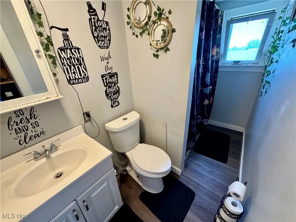 Bathroom featuring wood finished floors, vanity, and a shower with shower curtain