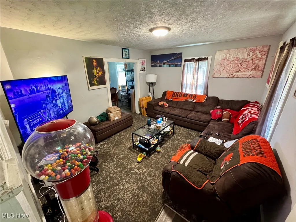 Living area featuring a textured ceiling