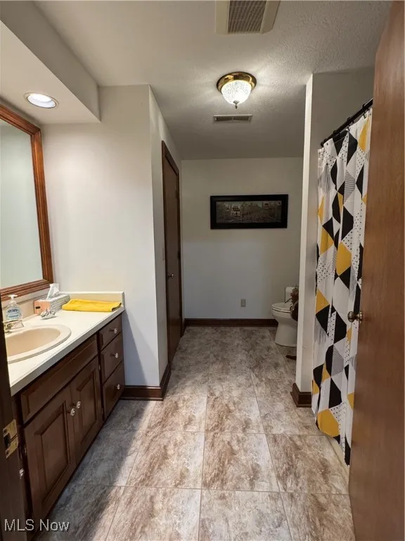 Bathroom with vanity, a textured ceiling, and a shower with curtain