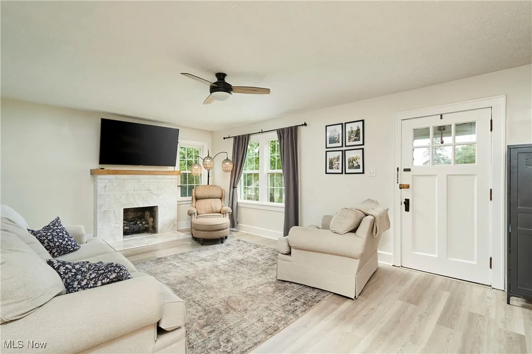 Living room with light wood-type flooring, a fireplace, and a ceiling fan