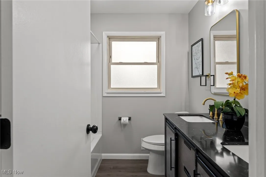 Bathroom with dark wood-style floors and double vanity