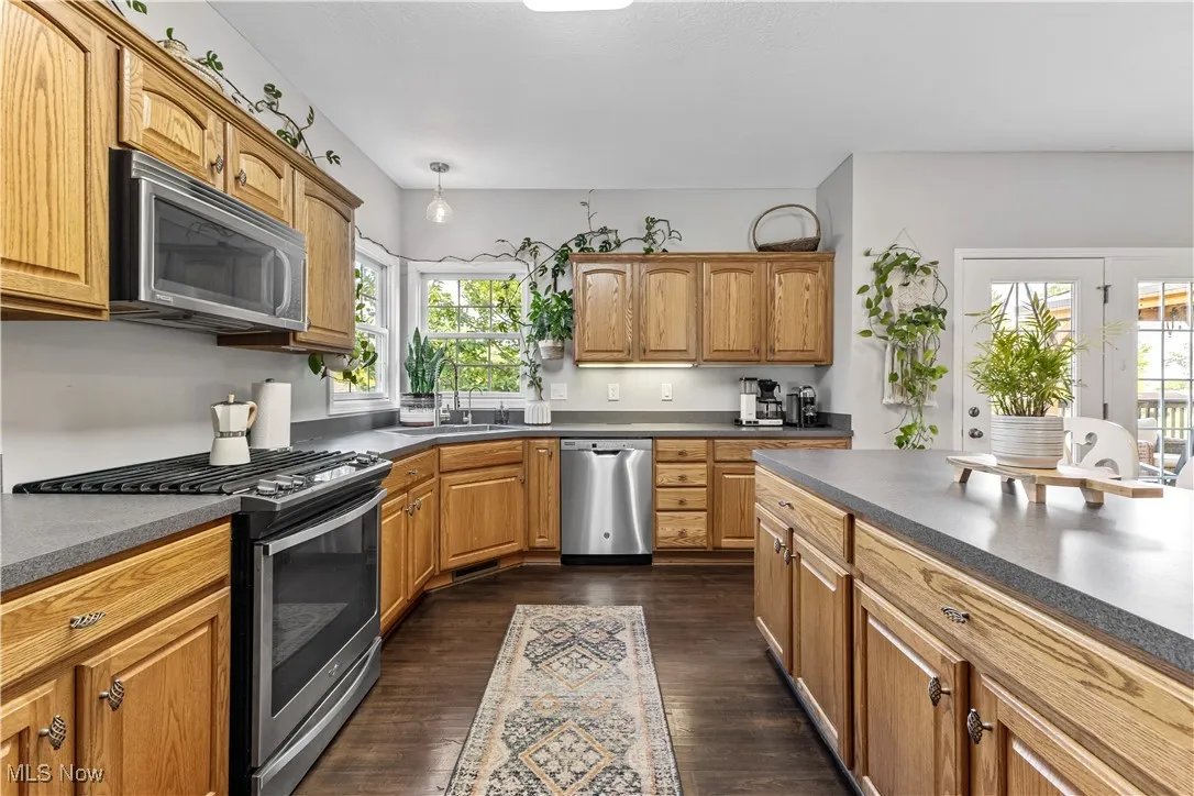 Kitchen featuring stainless steel appliances, dark countertops, dark wood finished floors, and brown cabinetry