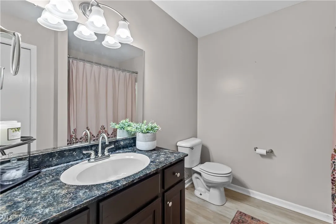 Bathroom with light wood-type flooring, vanity, curtained shower, and a chandelier