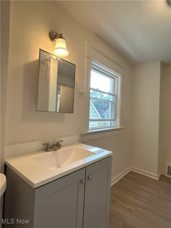 Bathroom with vanity and dark wood-style floors