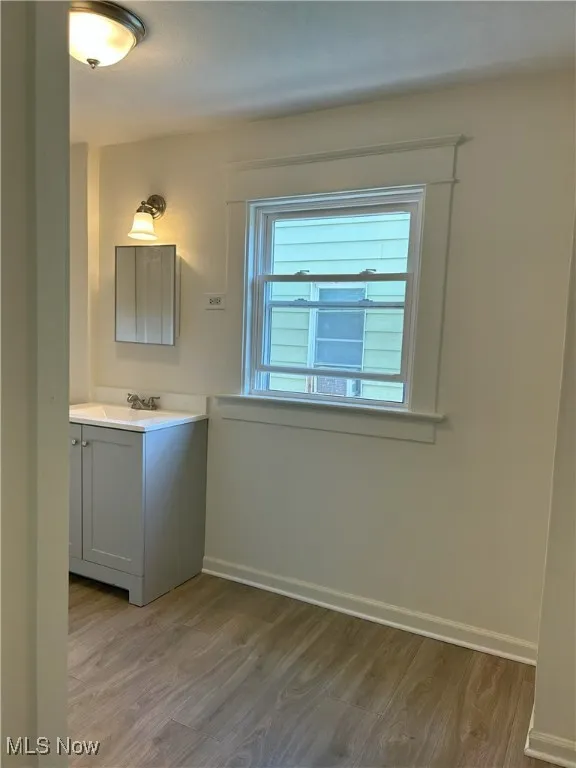 Bathroom with vanity and light wood-style flooring