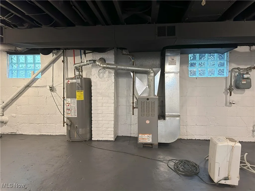 Basement with heating unit and water heater