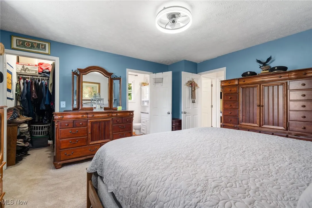 Bedroom featuring light carpet, a textured ceiling, and a spacious closet