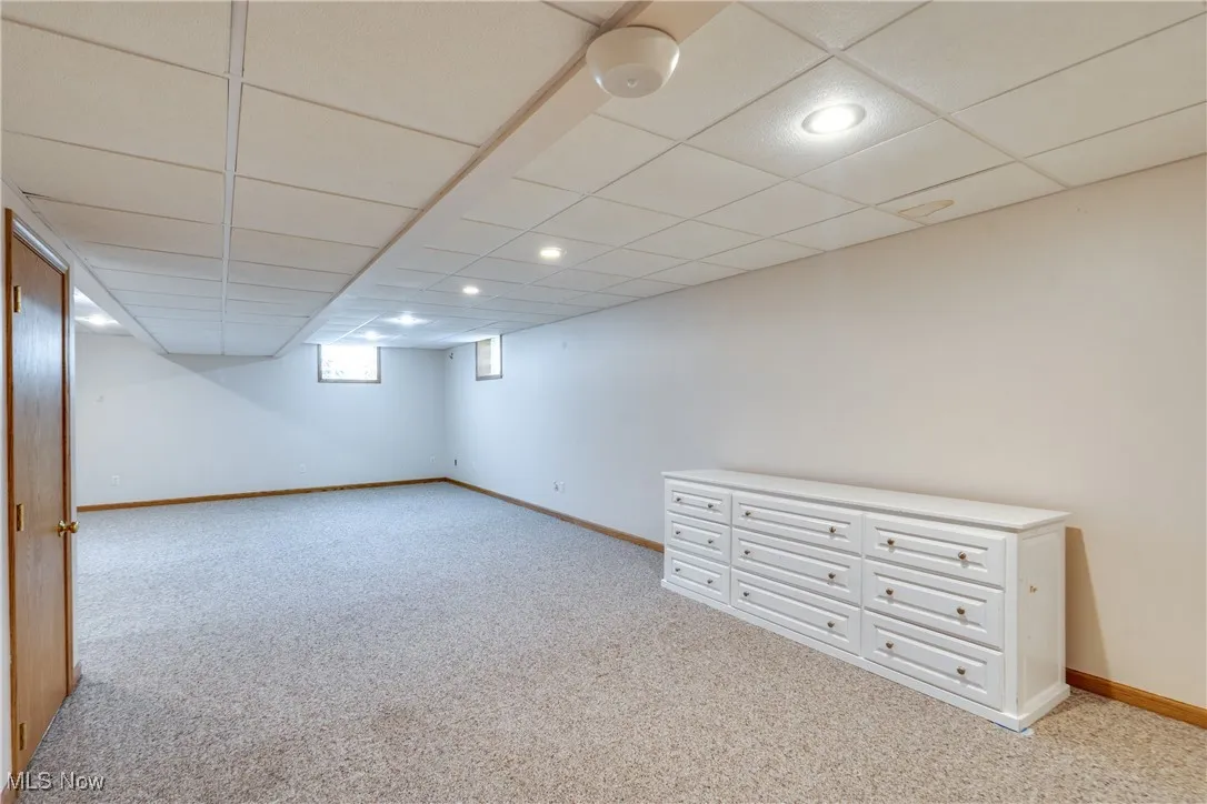 Below grade area with light carpet, a drop ceiling, and re