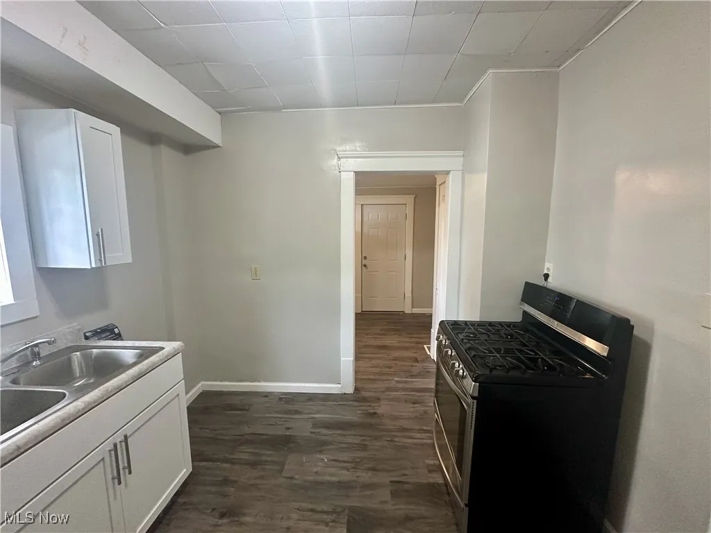 Kitchen with stainless steel gas range, white cabinets, dark wood finished floors, and light countertops