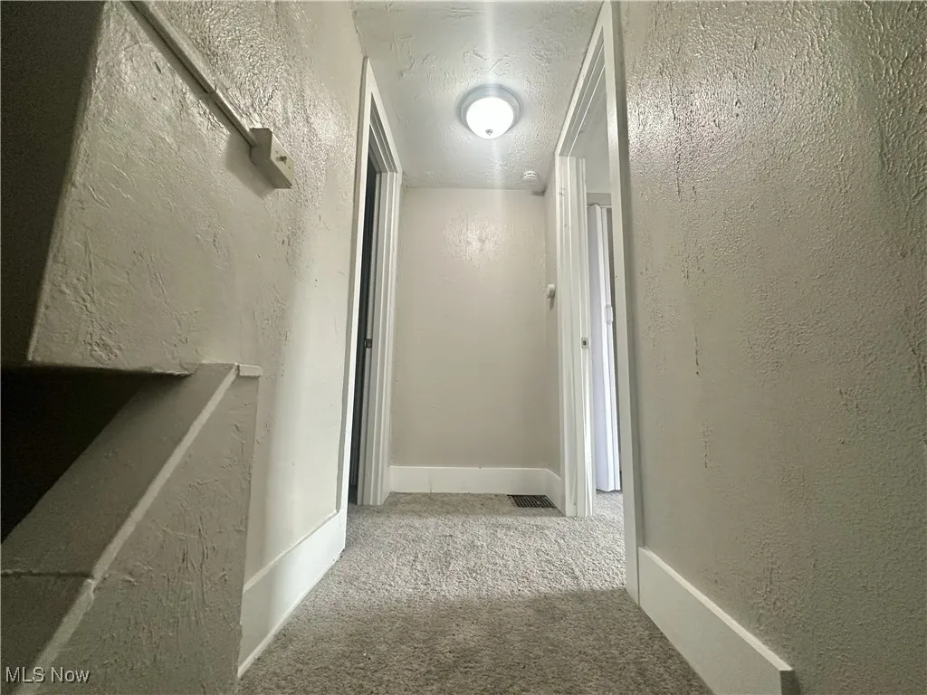 Hall featuring a textured wall, light carpet, and a textured ceiling