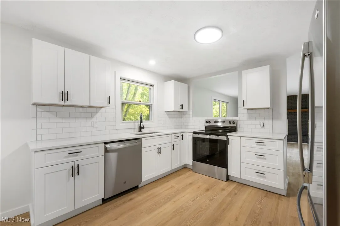 Kitchen featuring white cabinetry, stainless steel appliances, plenty of natural light, and light wood finished floors