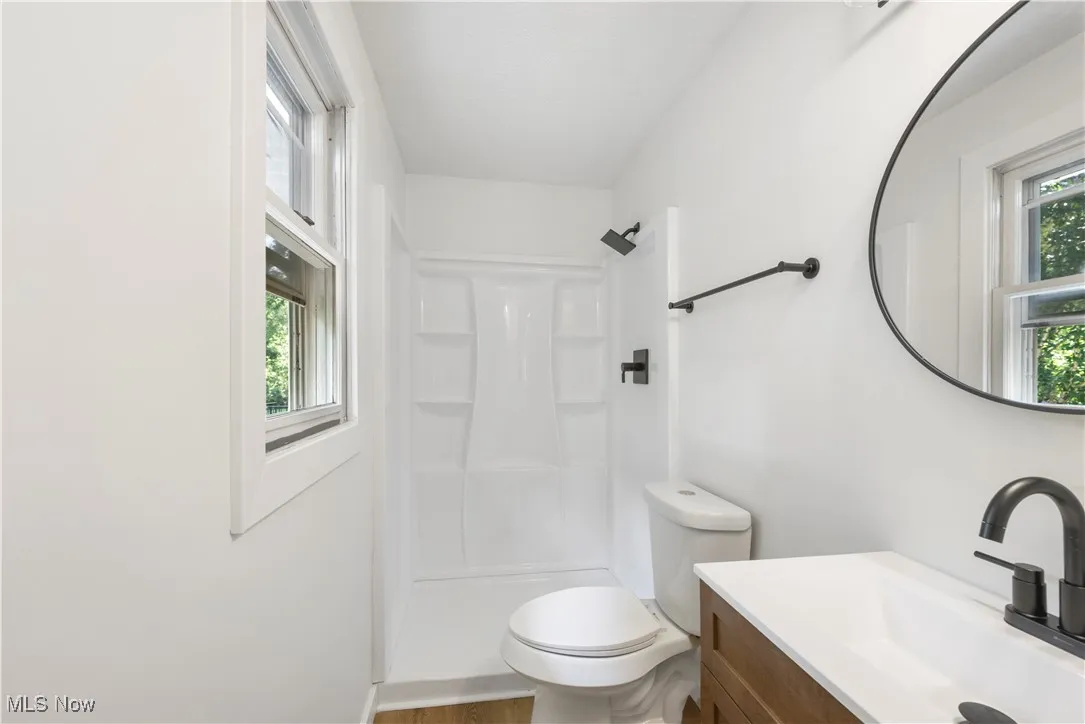 Bathroom with vanity, a shower stall, wood finished floors, and healthy amount of natural light