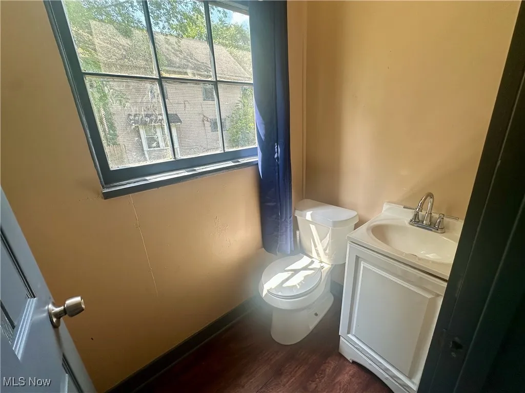 Bathroom featuring vanity and dark wood-type flooring