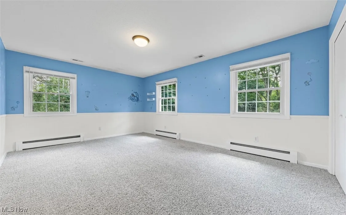 Empty room featuring baseboard heating, healthy amount of natural light, and carpet flooring