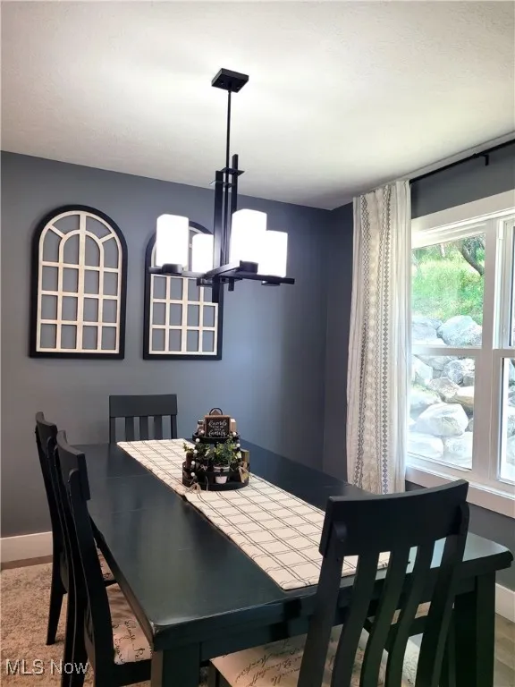Dining room featuring a chandelier, wood finished floors, and a textured ceiling